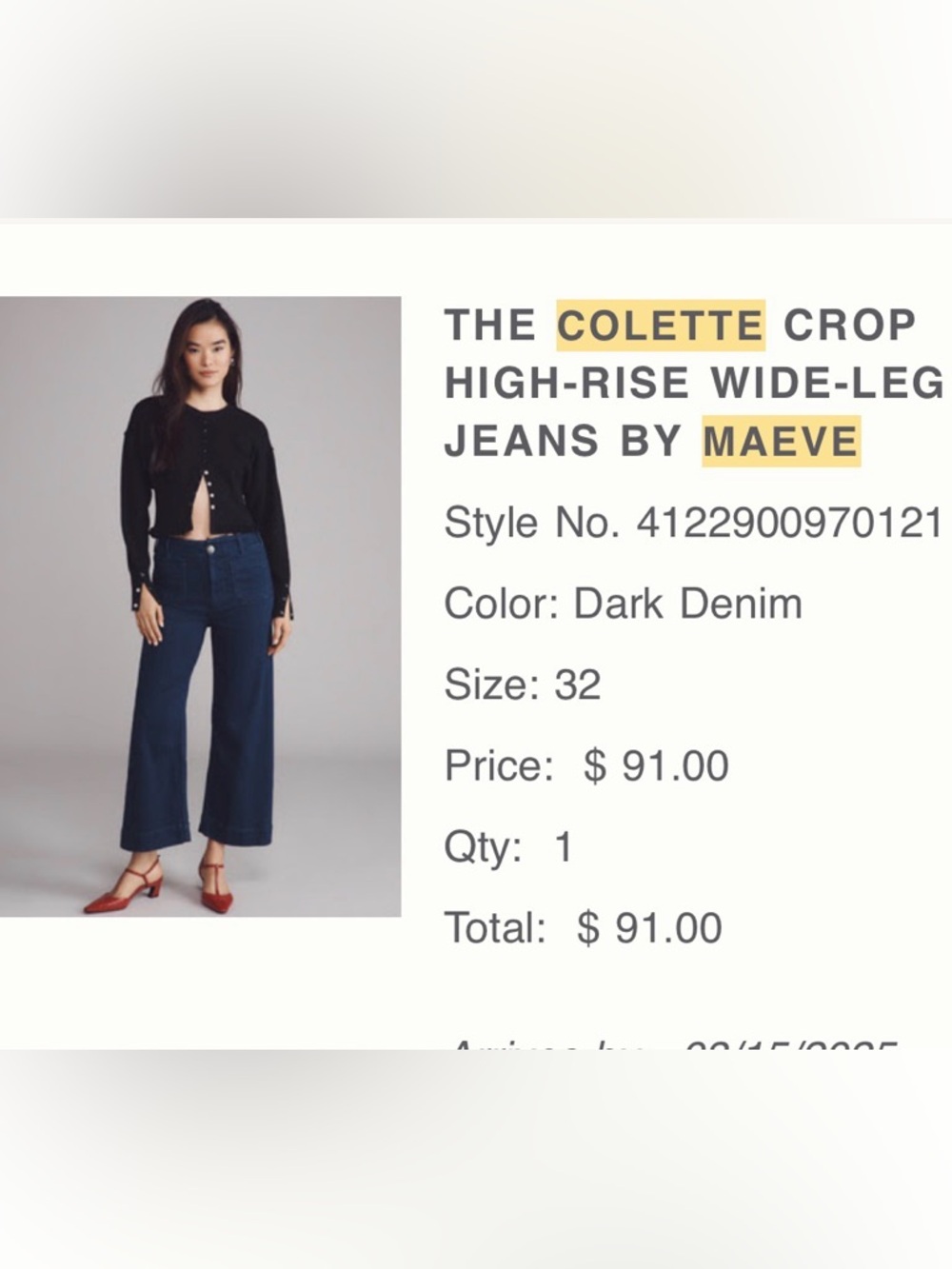Maeve Collette Wide Leg Crop Dark Denim Size 32